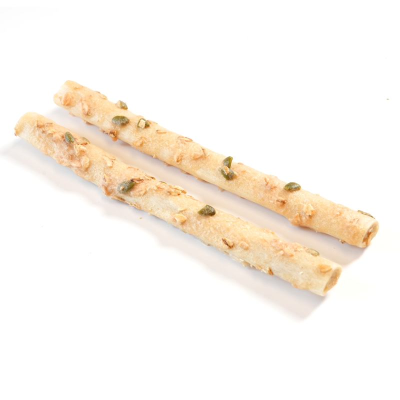 collagen-filled sticks coated chicken with  pumpkin seeds and oats