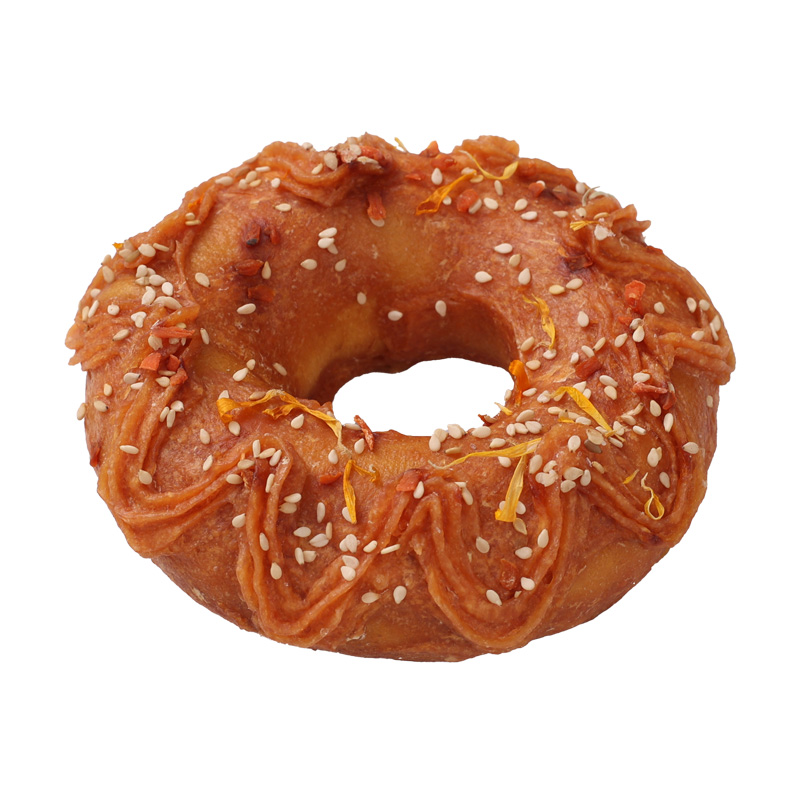 Expanded rawhide  donut coated chicken meat paste with sesame, carrot, and chrysanthemum